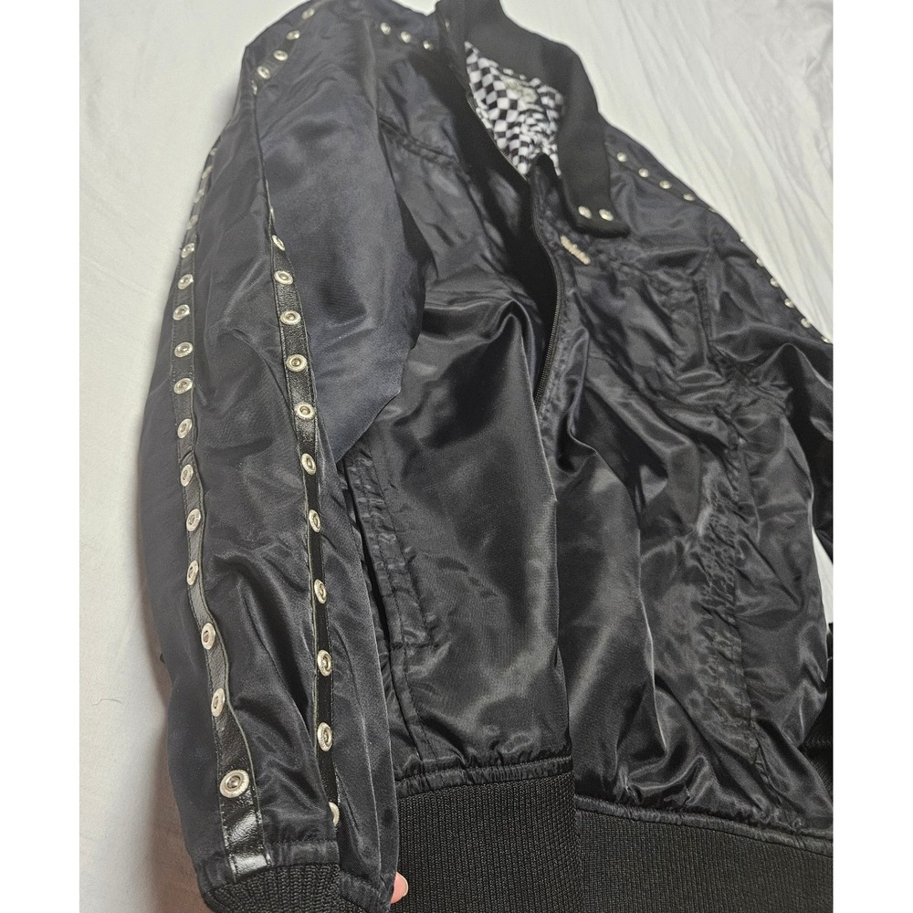 Live Mechanics Bomber Jacket Mens 2XL Black Grommet Studded Y2K Streetwear Satin